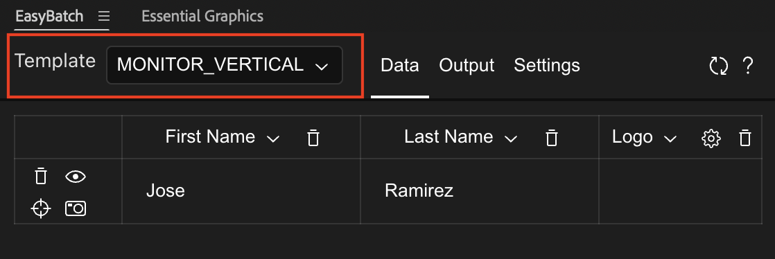 Screenshot of the template selection dropdown